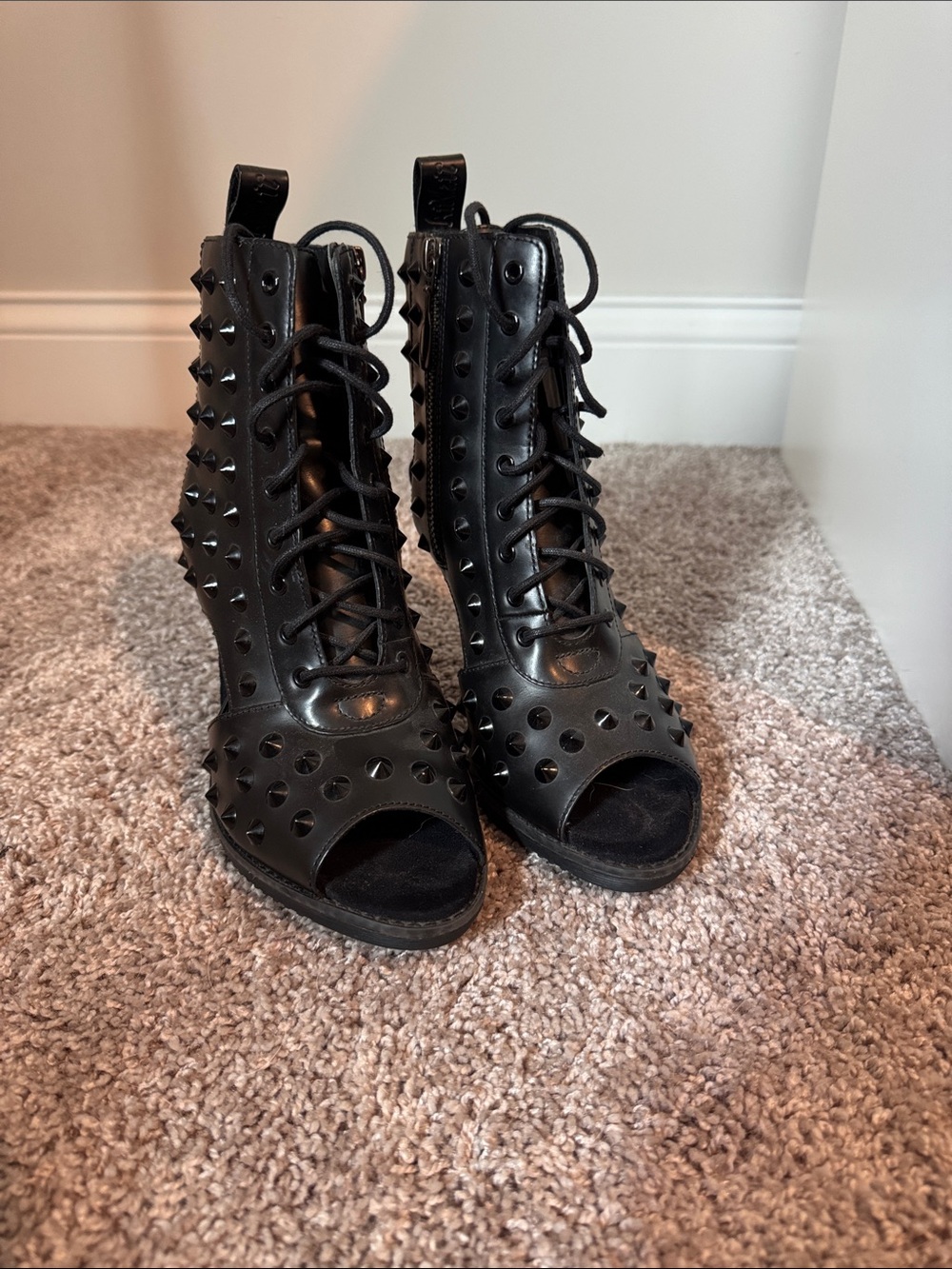 Dr. Martens Black Studded Lace-Up Peep-Toe Boots